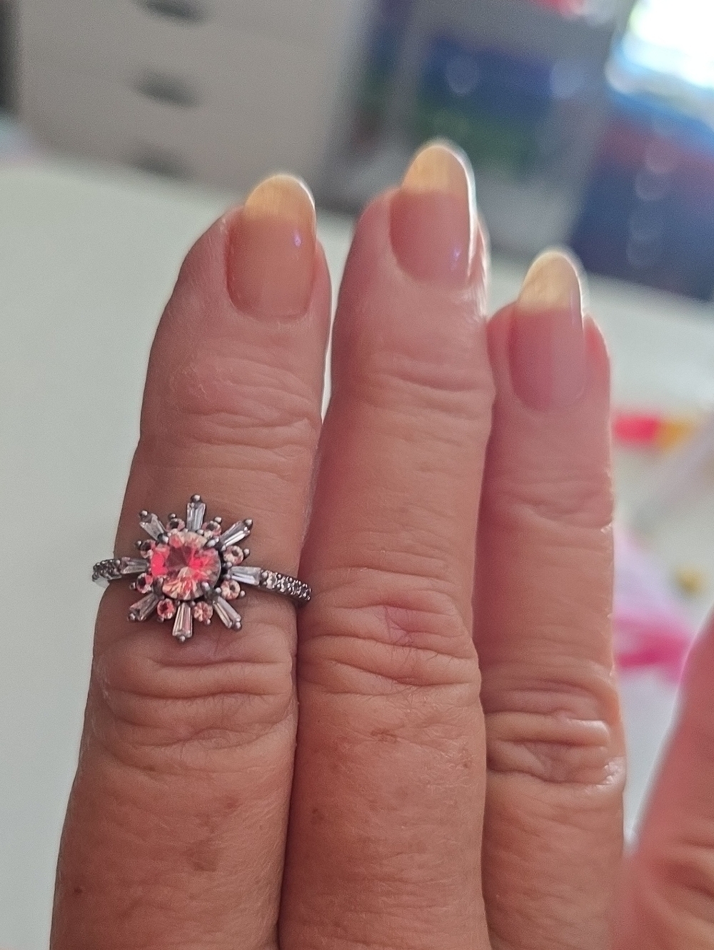 bp Silver-Tone Ring with Pink Center Crystal and Baguette Accents